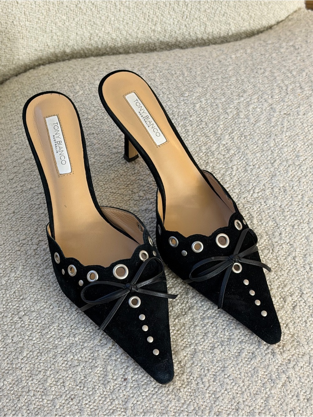 TONY BIANCO Black Suede Pointed Toe Mule Heels